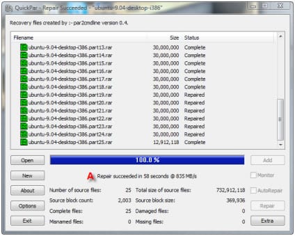 QuickPar - files repaired
