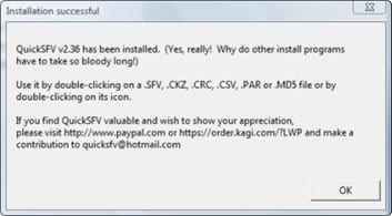 QuickSFV installation successful