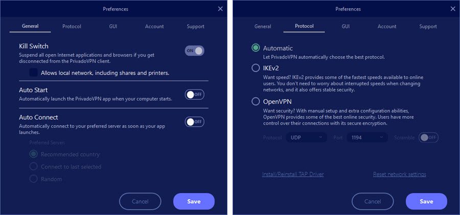 PrivadoVPN client settings